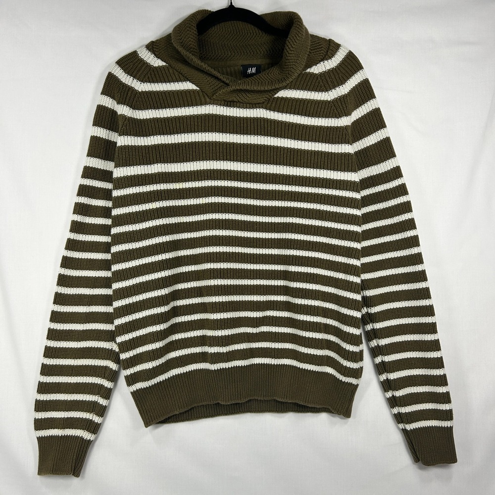 H&M Striped Cowl Neck Sweater Medium Olive Green White Chunky Knit Pullover